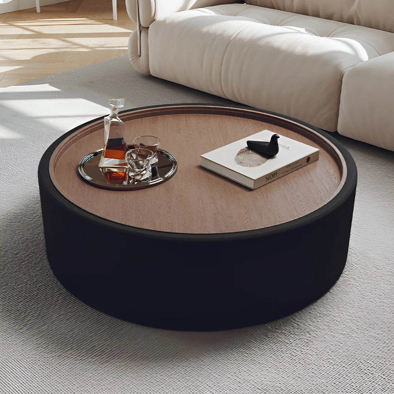 Modern Round Coffee Table with Storage – Walnut Veneer & Italian Sanded Fabric