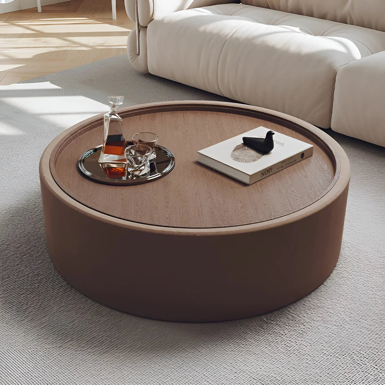 Modern Round Coffee Table with Storage – Walnut Veneer & Italian Sanded Fabric