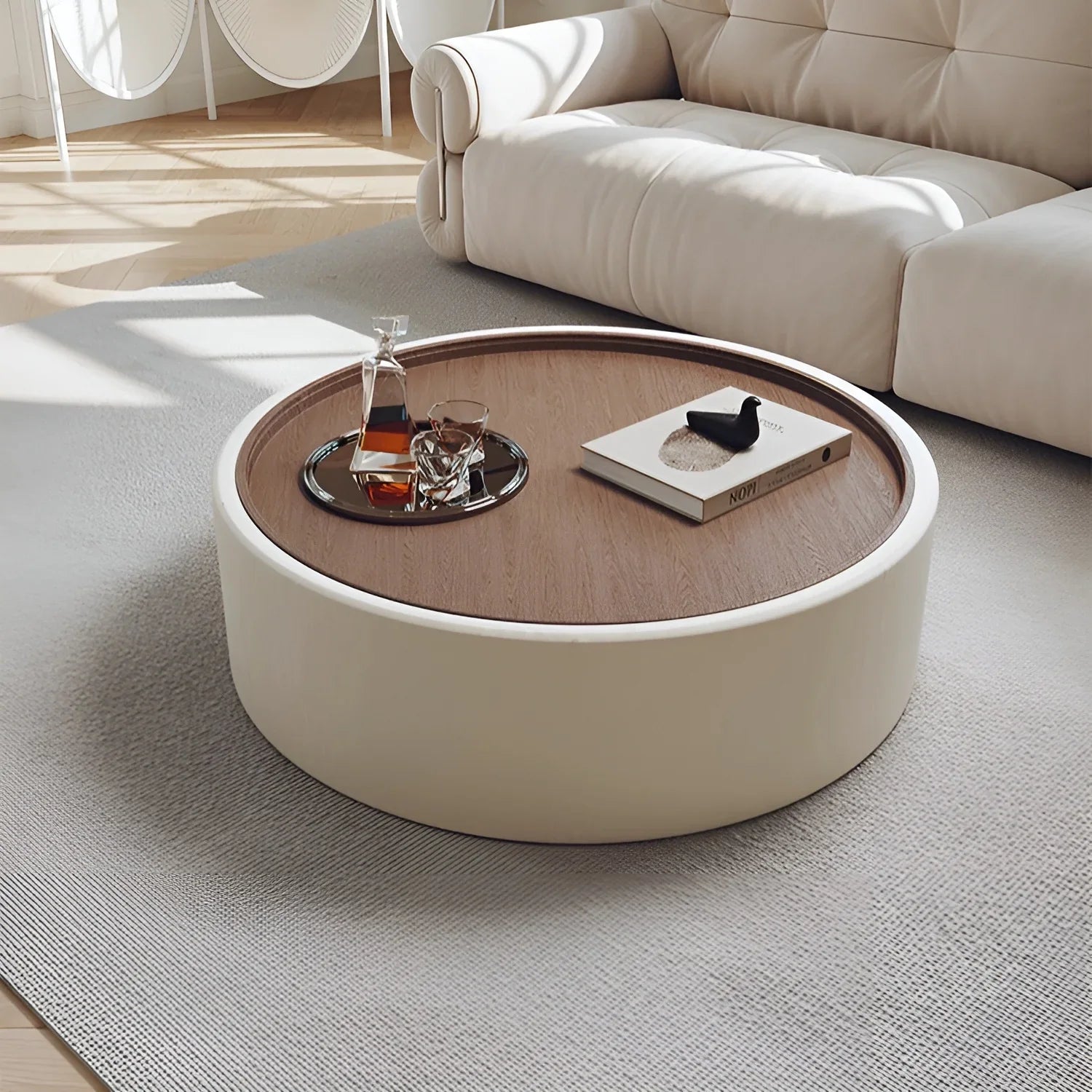 Modern Round Coffee Table with Storage – Walnut Veneer & Italian Sanded Fabric