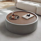Modern Round Coffee Table with Storage – Walnut Veneer & Italian Sanded Fabric