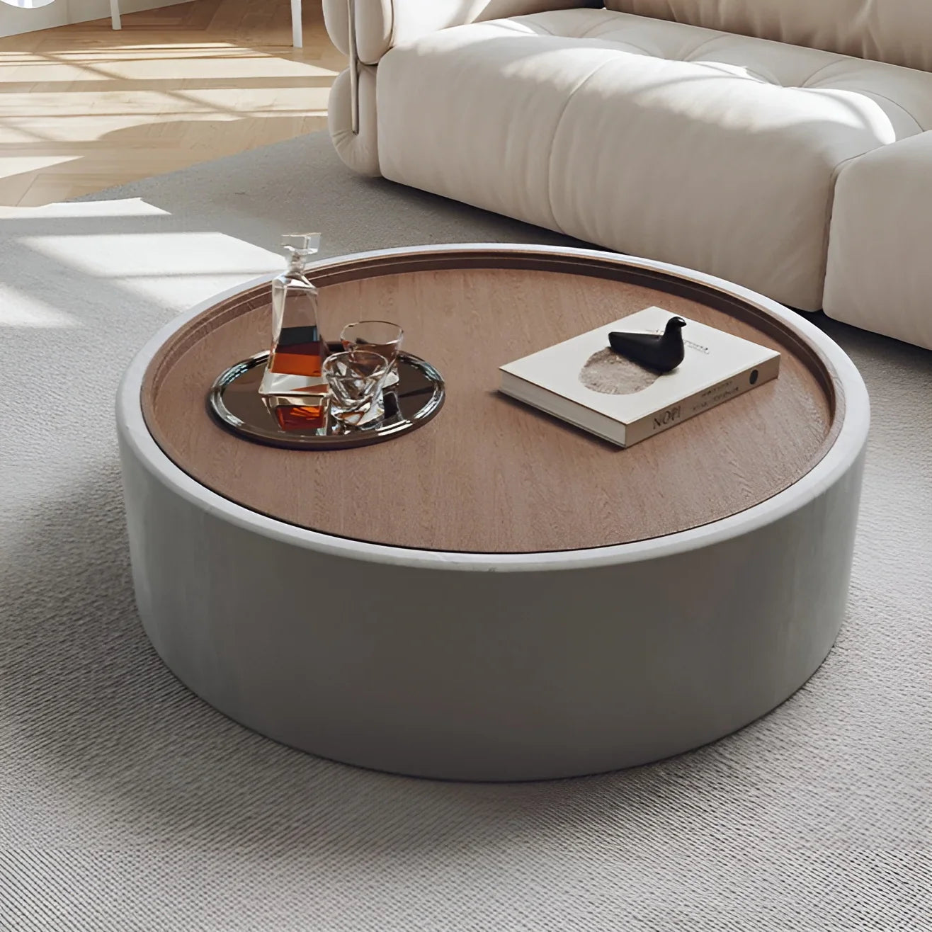 Modern Round Coffee Table with Storage – Walnut Veneer & Italian Sanded Fabric