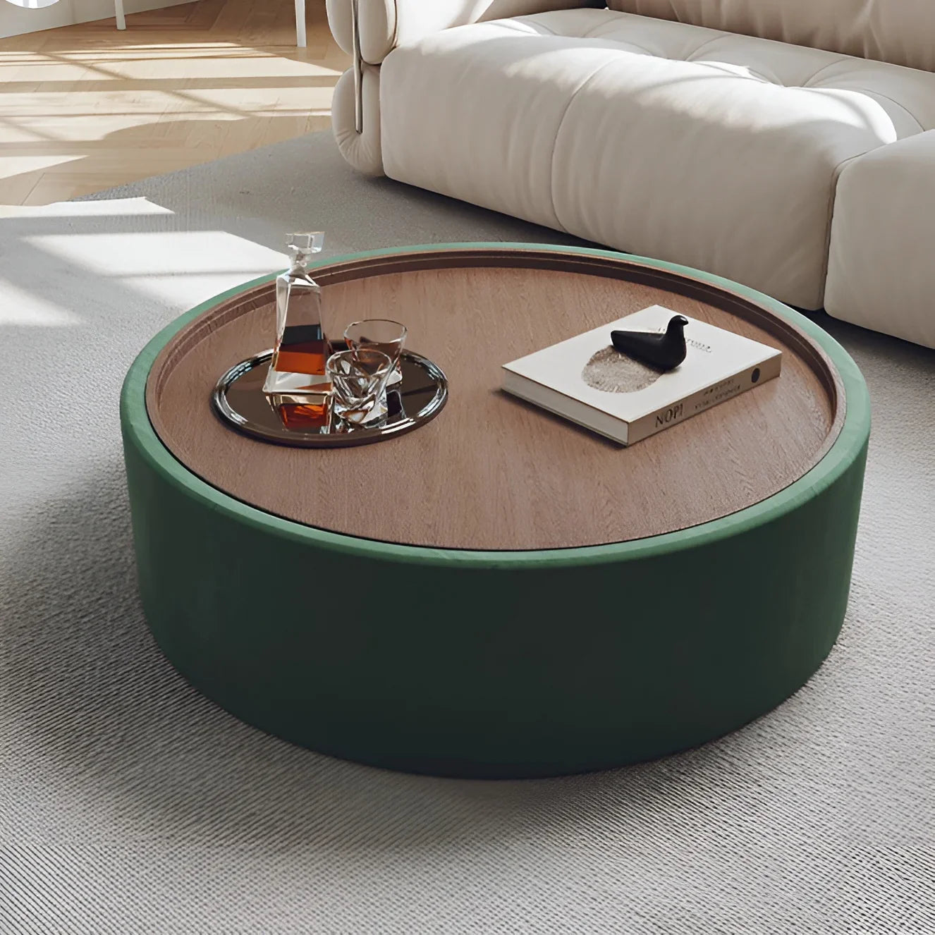 Modern Round Coffee Table with Storage – Walnut Veneer & Italian Sanded Fabric
