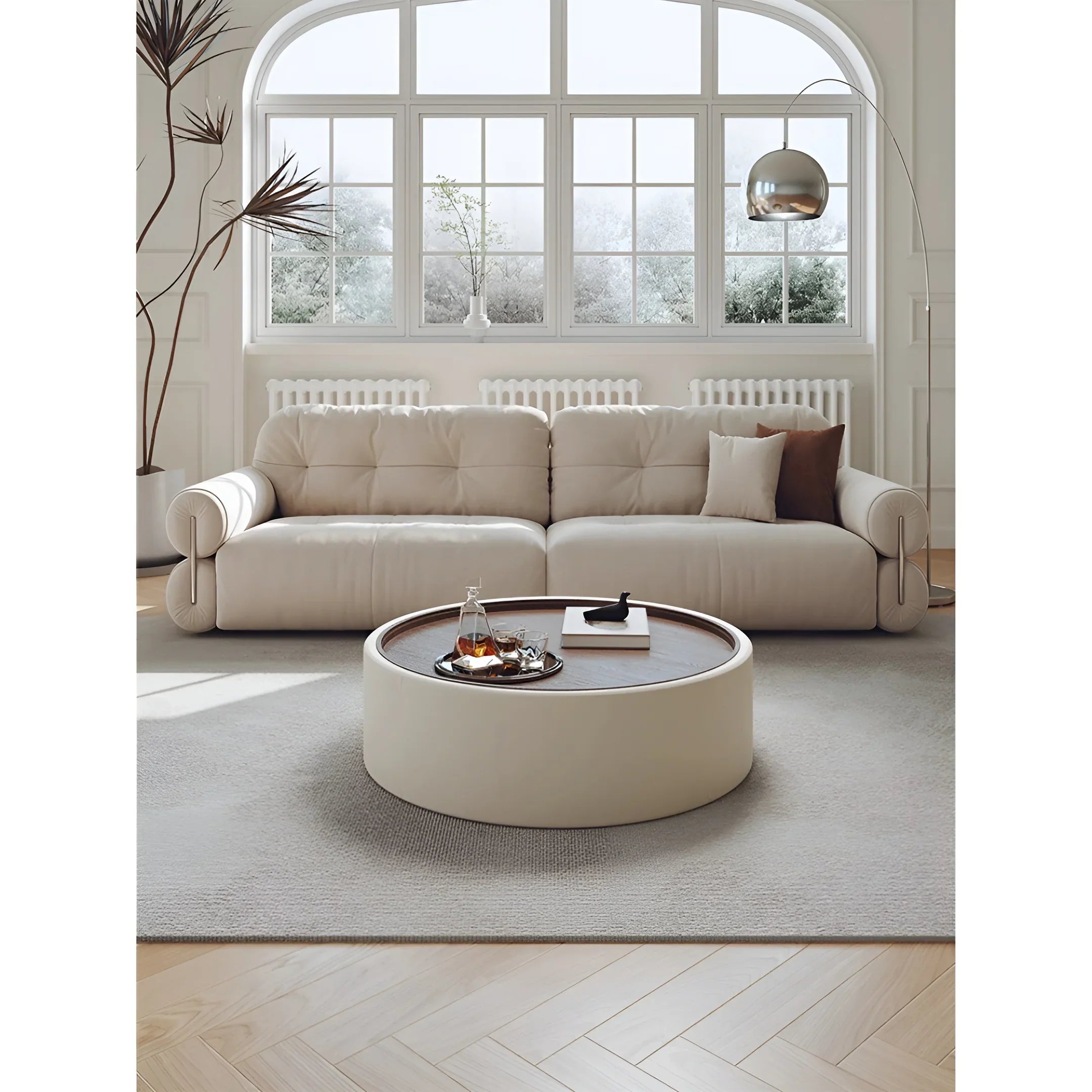 Modern Round Coffee Table with Storage – Walnut Veneer & Italian Sanded Fabric