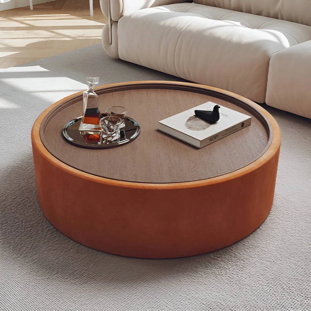 Modern Round Coffee Table with Storage – Walnut Veneer & Italian Sanded Fabric