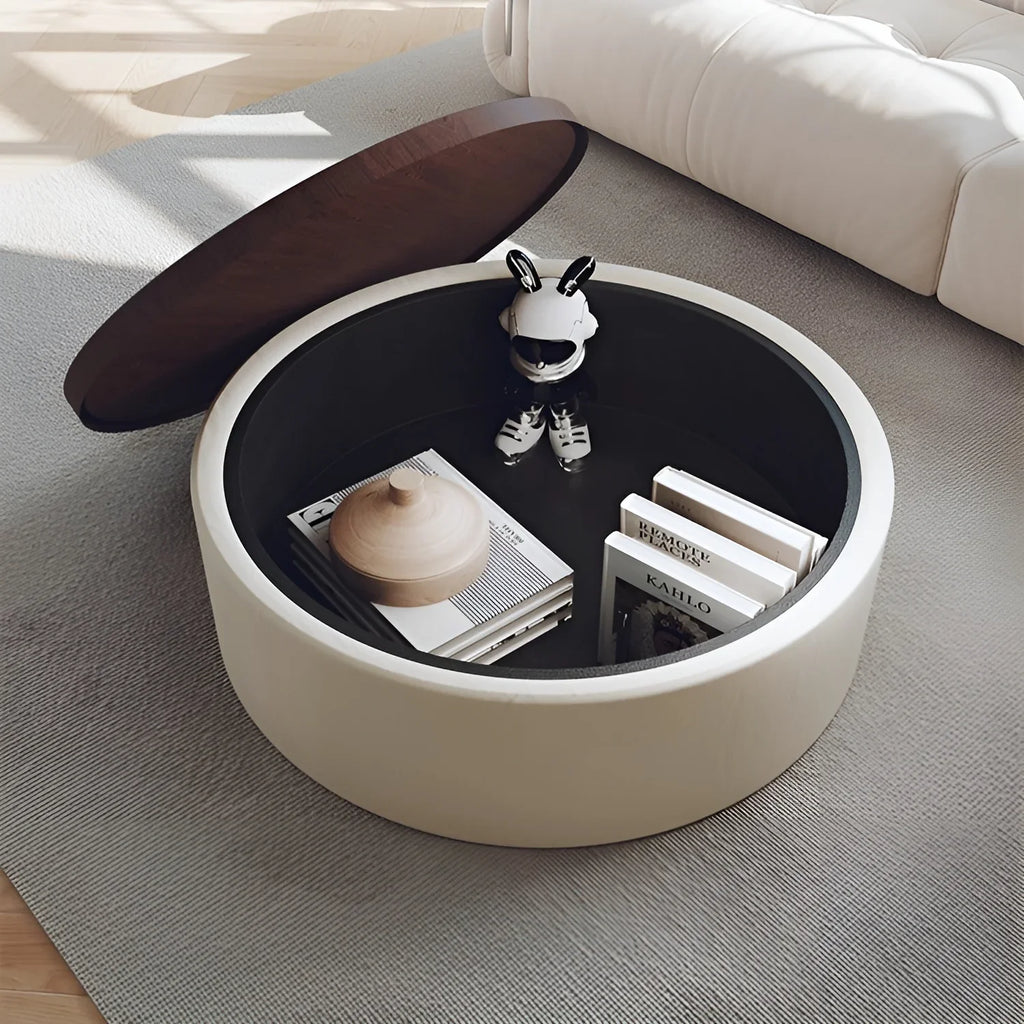 Modern Round Coffee Table with Storage – Walnut Veneer & Italian Sanded Fabric