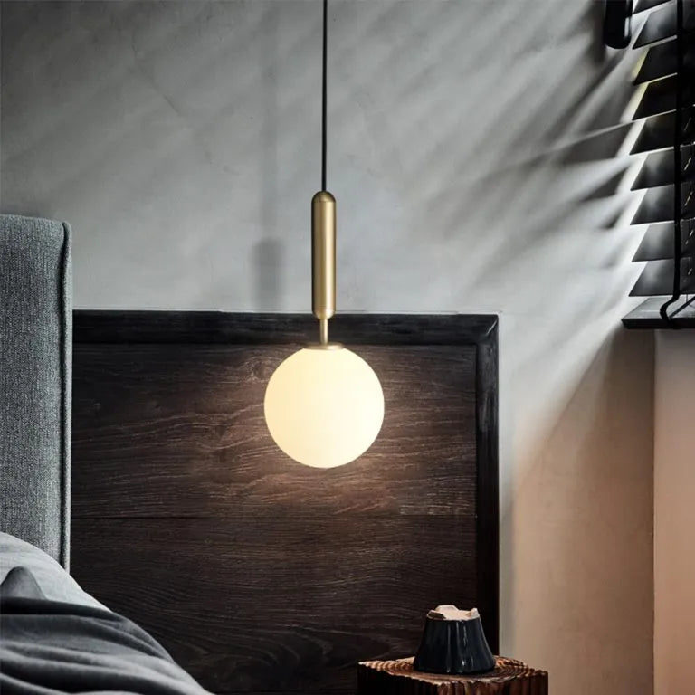 Contemporary Brass Opal Sphere Single-Bulb Glass Hanging Light