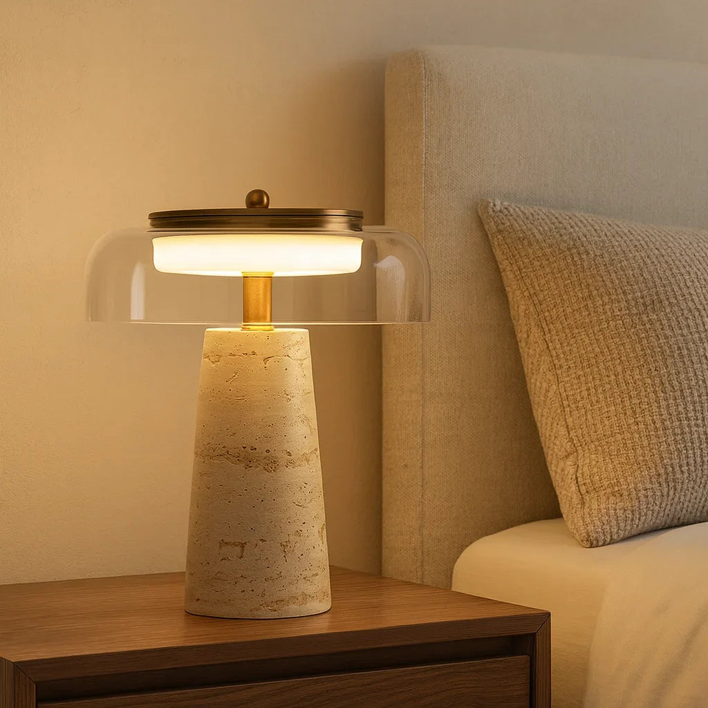 Travertine & Glass Table Lamp - Italian Minimalist Design