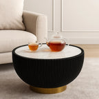 Venti Round Coffee Table - Rock Slab Top, PU Leather Body & Gold Base