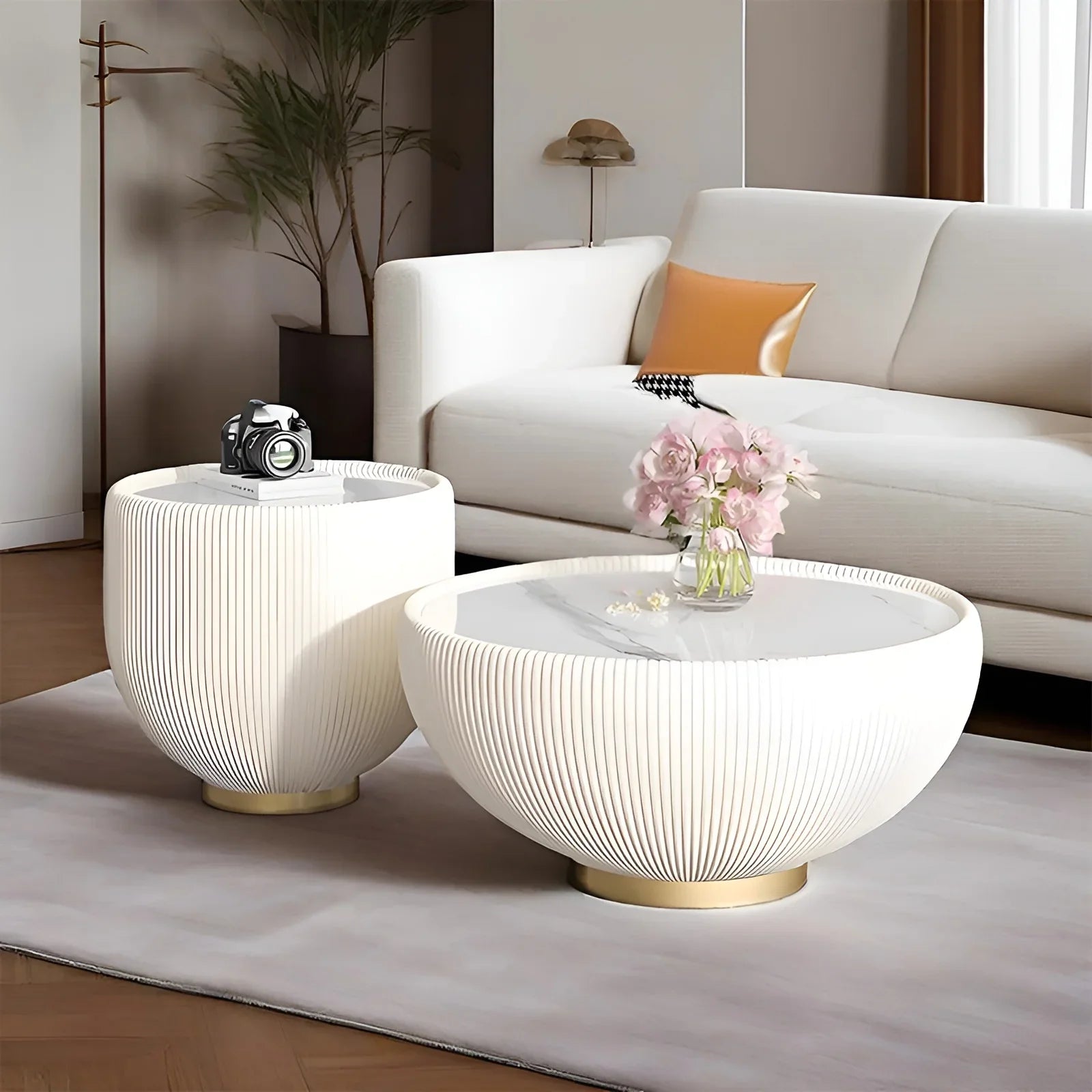 Venti Round Coffee Table - Rock Slab Top, PU Leather Body & Gold Base